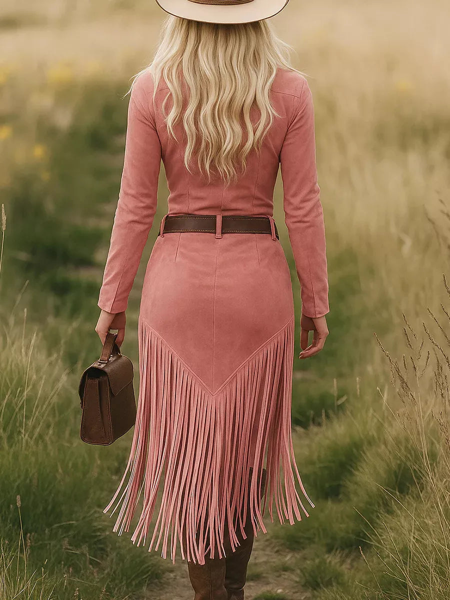 Country Cowgirl Night Out Zip Front Long Sleeve Fringe Dress