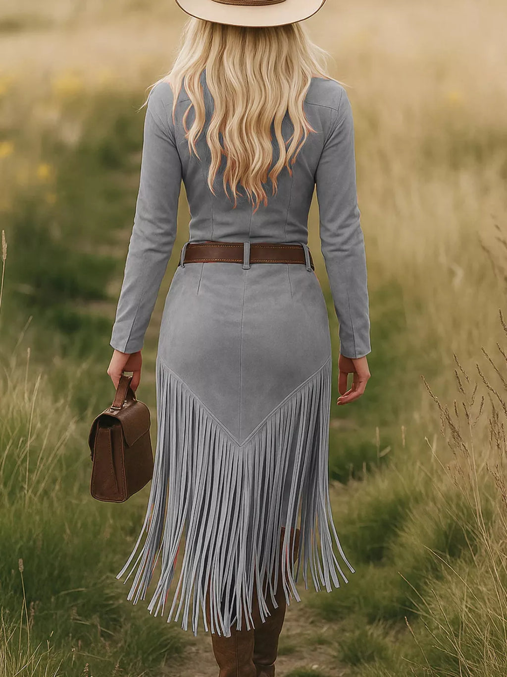 Country Cowgirl Night Out Zip Front Long Sleeve Fringe Dress