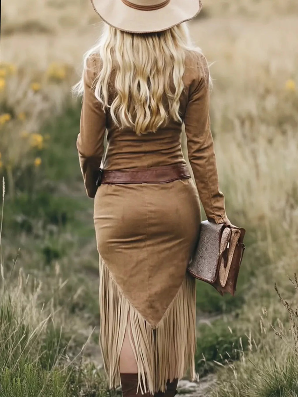 Country Cowgirl Night Out Zip Front Long Sleeve Fringe Dress