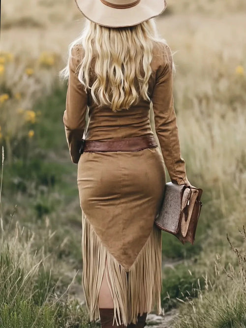 Country Cowgirl Night Out Zip Front Long Sleeve Fringe Dress