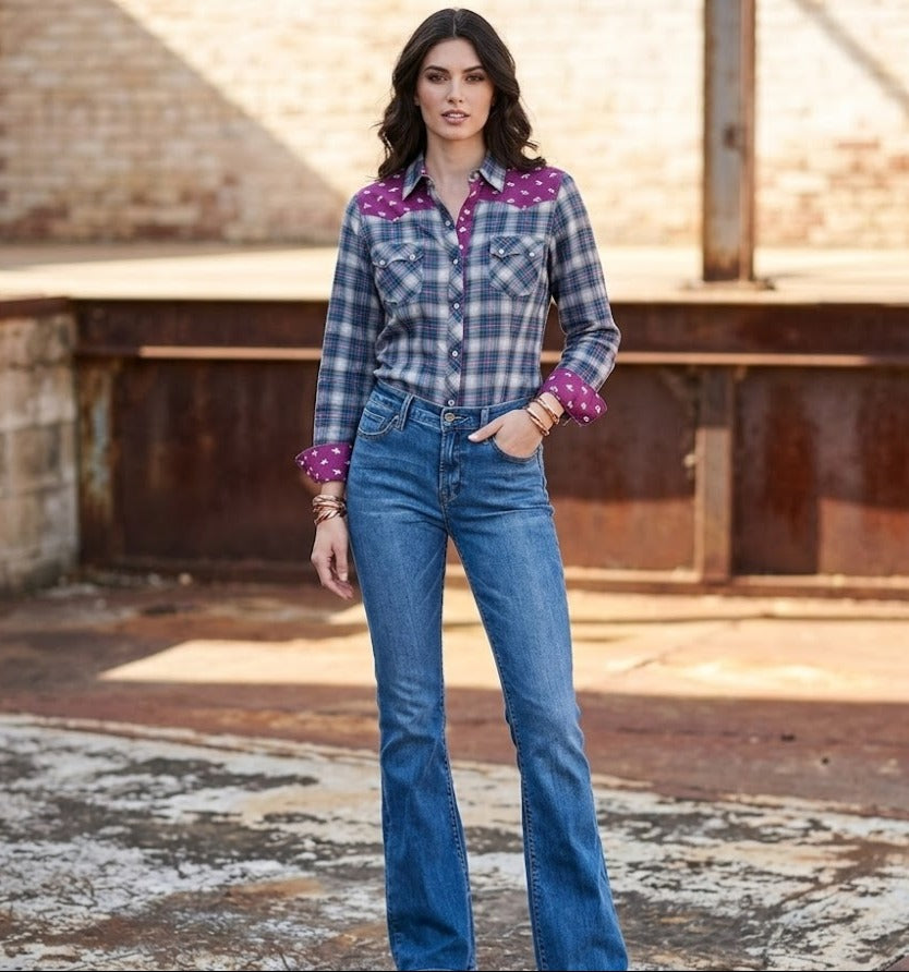 Tin Haul 00167 Star Ombre Plaid (Blue) - Women's Western Shirt