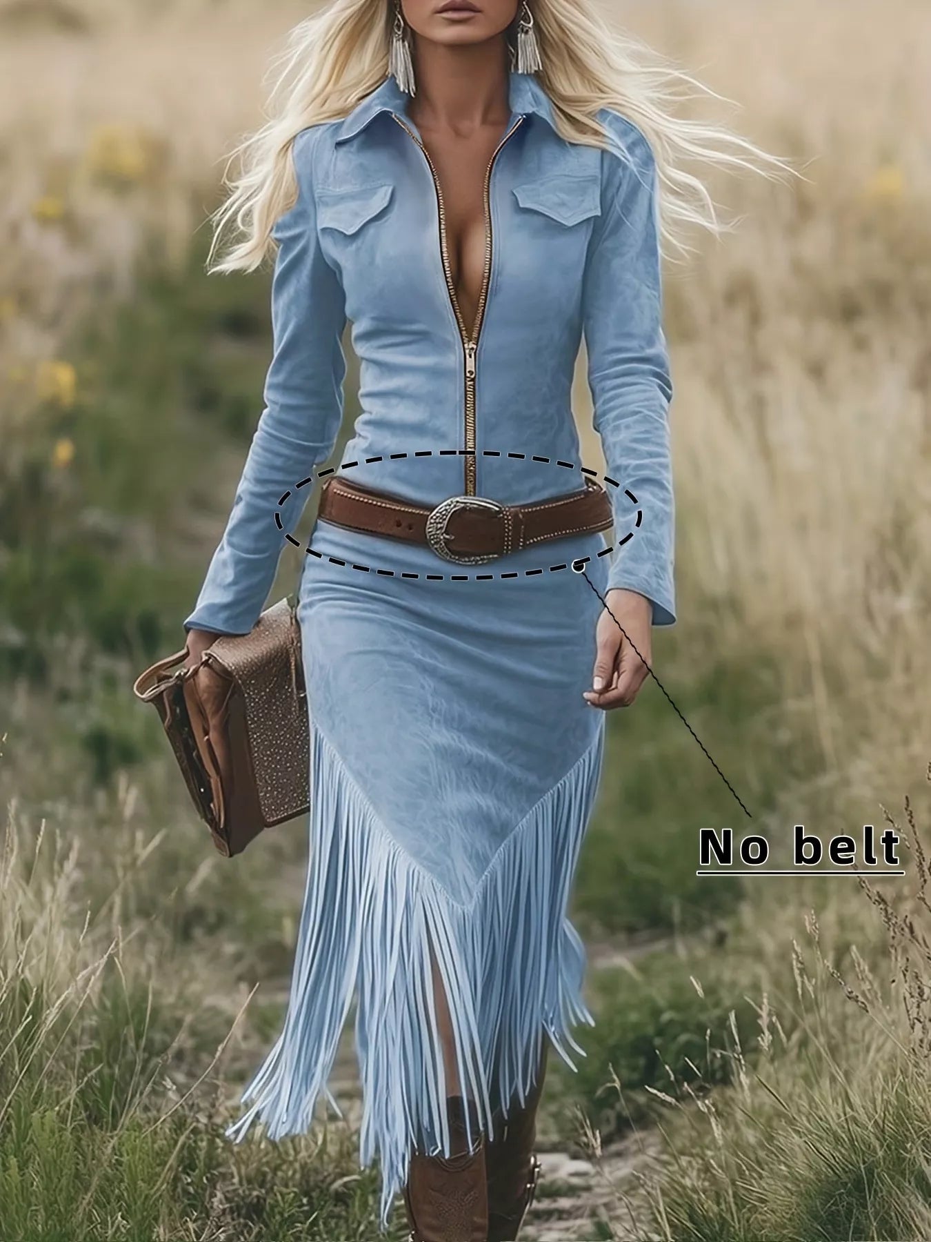 Country Cowgirl Night Out Zip Front Long Sleeve Fringe Dress