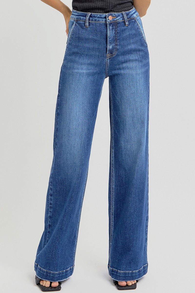 Risen High Rise Wide Leg Slanted Pocket Jeans